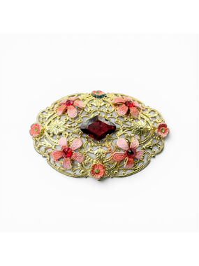 Vintage Czech Filigree Brooch Red Glass Stone Pink Enamel Floral Victorian Style